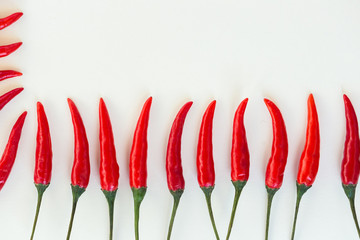 red hot chili peppers, popular spices concept - vertically stacked row of pods of the red hot chili peppers on a white background, top view, flat lay, free space for your text