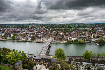 Obraz premium Tilt-shift panoramic aerial view of Namur, spring day