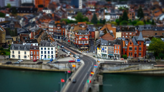 Tilt-shift panoramic aerial view of Namur, spring day