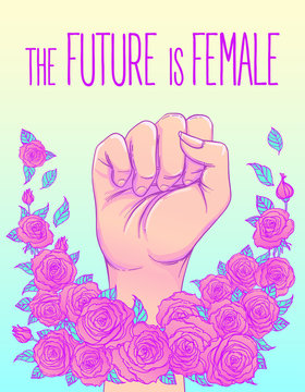 The future is female. Woman's hand with her fist raised up. Girl Power. Feminism concept. Realistic vector illustration in pink  pastel goth colors.