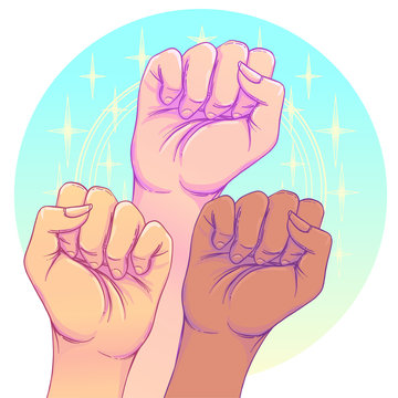 Fight like a girl. 3 Woman's hands with her fist raised up. Girl Power. Feminism concept. Realistic style vector illustration in pink  pastel goth colors.