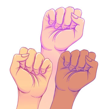 Fight like a girl. 3 Woman's hands with her fist raised up. Girl Power. Feminism concept. Realistic style vector illustration in pink  pastel goth colors.