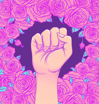 Woman's hand with her fist raised up. Girl Power. Feminism concept. Realistic style vector illustration in pink  pastel goth colors isolated on white. Sticker, patch graphic design.