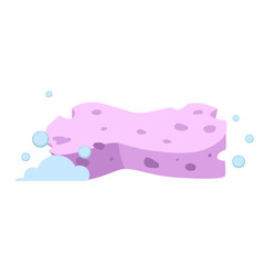 Vector cartoon flat style pink sponge vector icon. Blue bubbles. Stylized bath and kitchen clearing accessories isolated on white background.