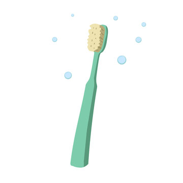 Trendy Cartoon Style Old Fashioned Green Toothbrush. Hygiene And Every Day Teeth Protection Vector Illustration.