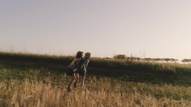 Two Little Girls walking together in wheat field