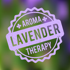 Lavender rubber stamp lilac on a green bokeh background.