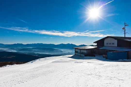 Panorama from the top of Gerlitzen at the beginning of winter season in Austrian alps, Austria