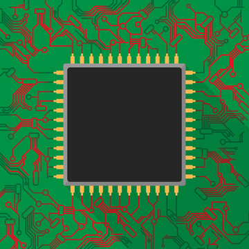 Microchip processor on green printed circuit board with red light