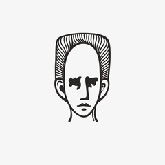 Drawn grunge grim graphic icon of a man's head. Vector illustration of people with an original hairdo. Portrait of a guy in a modern style design