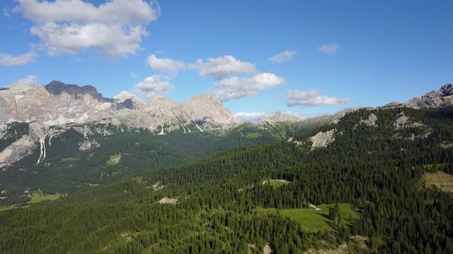 Fantastic landscape on the Dolomites. Drone aerial view on the peaks called Sas Crusc, Lavarela, Conturines and Pizes de Fanis. Place is Alta Badia, Sud Tirol, Italy
