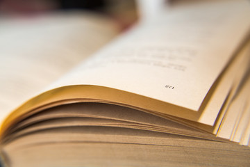 Fototapeta premium Open old book. Yellowed pages. Page number 271. Paper texture. Macro.