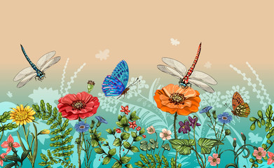 Fototapety  Wektor pionowe obramowanie z ważki, motyle, kwiaty, trawy i rośliny. Letni styl. Bezszwowe granica natura, kwiatowy tło. Wektor poziomy baner z kolorowymi roślinami