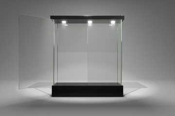 3D rendering glass cabinet front view for product show window half close half open door version