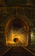 Metal wool is spun in the tunnel. Freezelight in the tunnel.