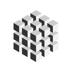 Grey geometric cube of 27 smaller isometric cubes. Abstract design element. Science or construction concept. 3D vector object.