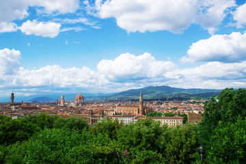 Famous view on Florence and Santa Maria del Fiore (Duomo) cathedral from the Michelangelo Square (Piazzale Michelangelo) in Florence, Tuscany, Italy.