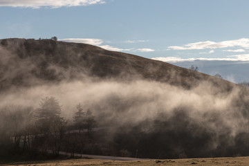 Mountain with a very low cloud partially hiding some trees and a road