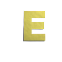 3D realistic yellow paper notes uppercase letter E with soft shadow isolated on white background.