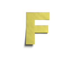 3D realistic yellow paper notes uppercase letter F with soft shadow isolated on white background.