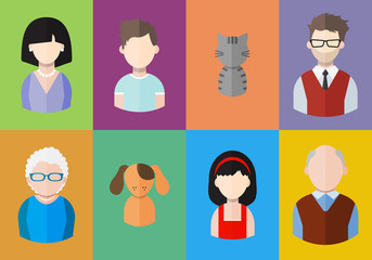 Flat people icons (mother, father and their son and daughter, grandpa, grandma and pets. Family. Segment of population