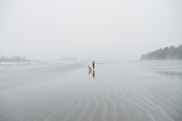 Woman with dog standing on the beach in fog looking at ocean