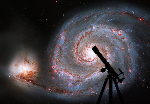 Space background with silhouette of telescope. Whirlpool Galaxy. Spiral galaxy M51 or NGC 5194.