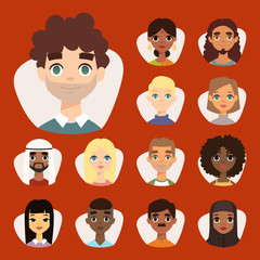 Set of diverse round avatars with facial features different nationalities clothes and hairstyles people characters vector illustration