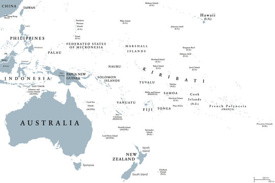 Oceania political map with countries. English labeling. Region, comprising Australia and the Pacific islands with the regions Melanesia, Micronesia and Polynesia. Gray illustration over white. Vector.