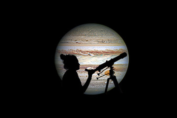 Girl looking at the stars with telescope. Jupiter planet, isolated on black.
