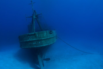 The stern section of the wreck of the Kittiwake in Grand Cayman. Scuba divers and snorkelers enjoy...