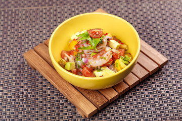 Prawn shrimp cocktail salad with avocado, tomato and lettuce