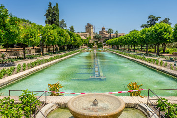 Naklejka premium The Alcazar de los Reyes Cristianos castle wih a tower in the city of Cordoba, Spain, Europe