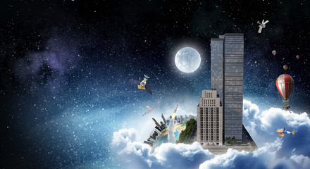 Modern city concept. Mixed media