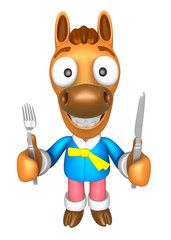 3D Horse Mascot hand is holding a Fork and Knife. 3D Animal Character Design Series.