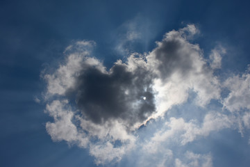 Fototapeta na wymiar 雲から透けて見える太陽と青空「空想・雲のモンスター（太陽がモンスターの目）」（未来、成功、天国、降臨、可能性などのイメージ）