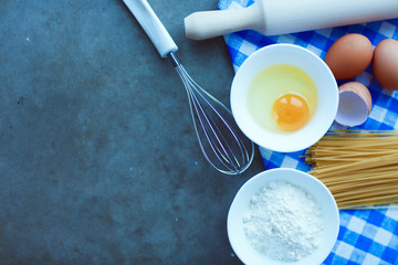 Dough preparation recipe homemade bread, pizza or pie ingridients, food flat lay on kitchen table background.