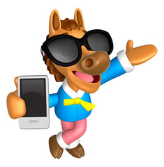 Wear sunglasses 3D Horse mascot the right hand guides and the left hand is holding a Smart Phone. 3D Animal Character Design Series.