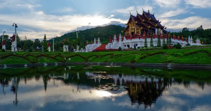 Timelapse Sunset Royal Pavilion (Ho Kham Luang) in Royal Park Ratchaphruek at Chaingmai, Thailand.