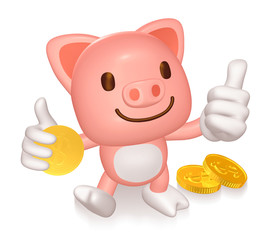 3d pink pig standing with his gold coin