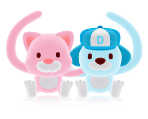 3d pink cat and blue dog couple