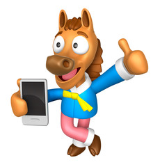 3D Horse Mascot the right hand best gesture and left hand is holding a Smart Phone. 3D Animal Character Design Series.