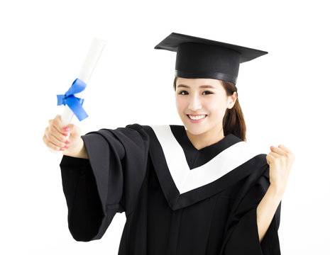 Happy female graduate student showing diploma