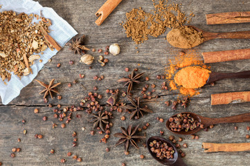 Herbs and spices on a wooden board. Spice spoon.