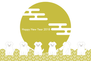 2018年戌年の年賀状イラスト: 白い犬と金色の青海波模様