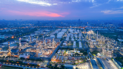 Twilight of oil refinery ,Oil refinery and Petrochemical plant at dusk , Bangkok, Thailand