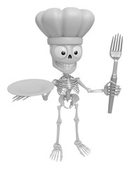 3D Skeleton Mascot hand is holding a Fork and Plate. 3D Skull Character Design Series.
