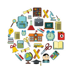 School cartoon icons set on circle. School vector illustration for design and web isolated on white background.