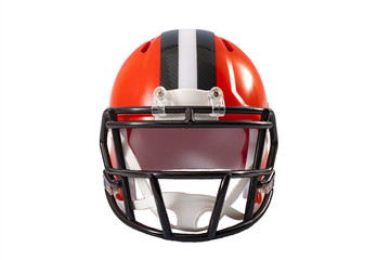 Sports and athletic training concept with front view of a red or orange american football helmet...