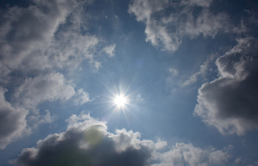 眩しい太陽と青空と雲（日差し、暑い、熱い、熱中症対策などのイメージ）